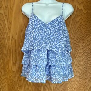 Light blue and white sheer floral ruffled tank top